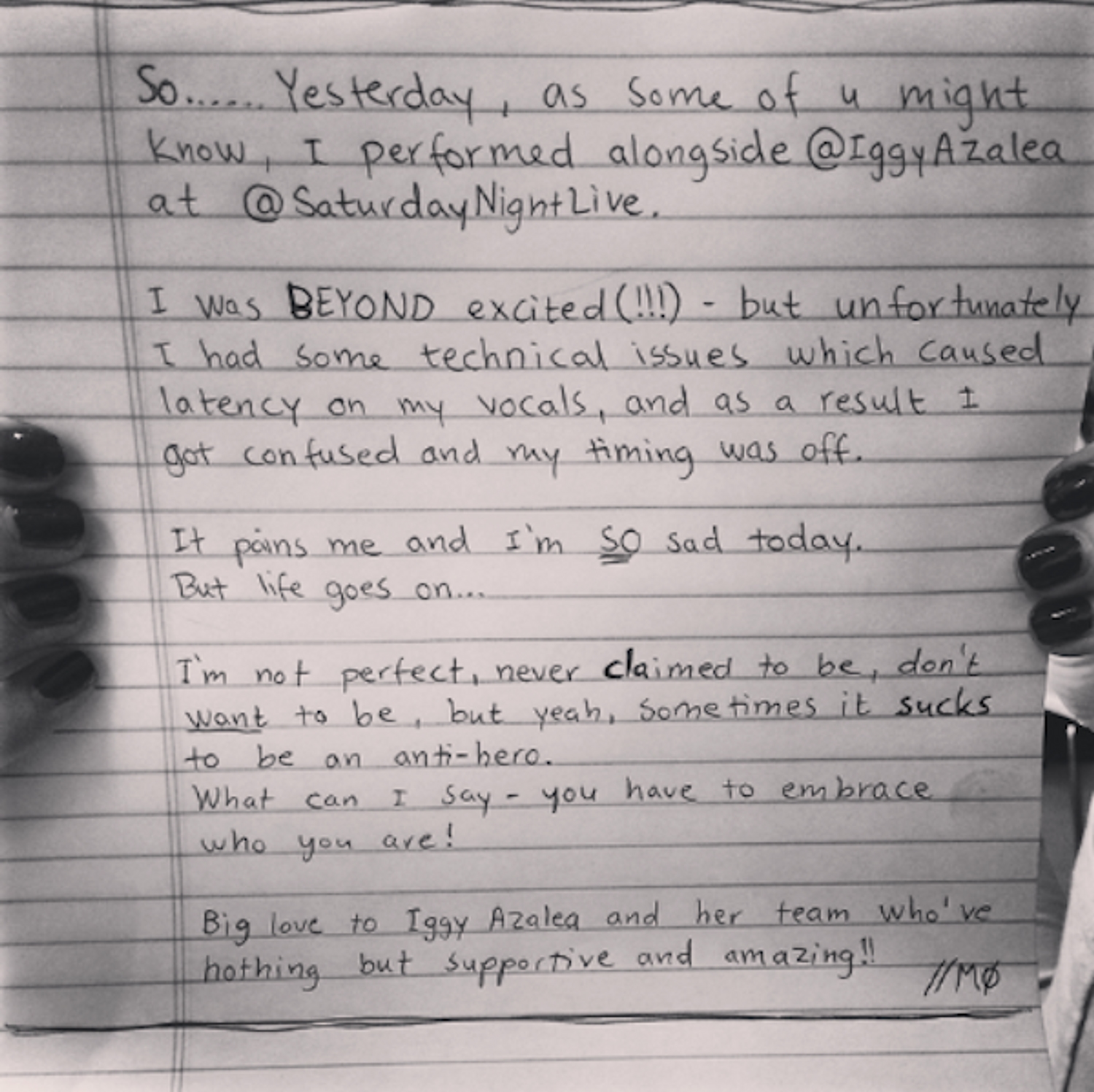 MØ writes handwritten note apologising for SNL performance with Iggy Azalea