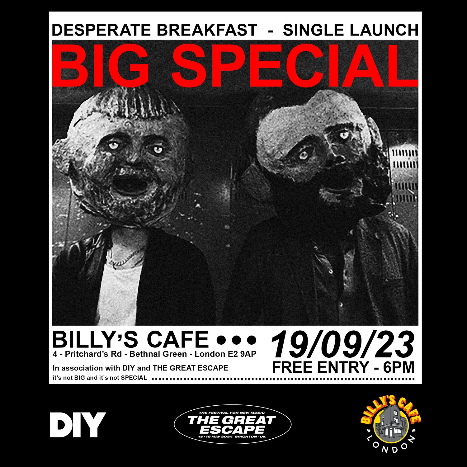 BIG SPECIAL to launch new single 'Desperate Breakfast' with a one-off gig at Bethnal Green's Billy's Cafe