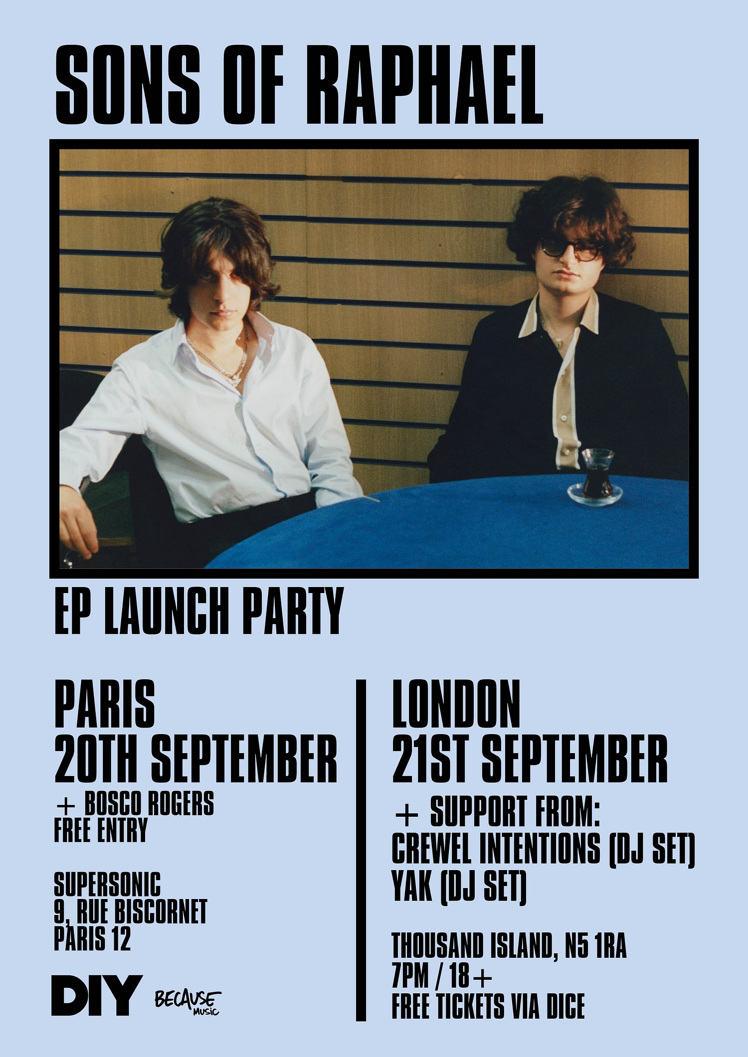 Sons of Raphael to play a second EP launch in Paris, plus Yak and Crewel Intentions DJs confirmed for London