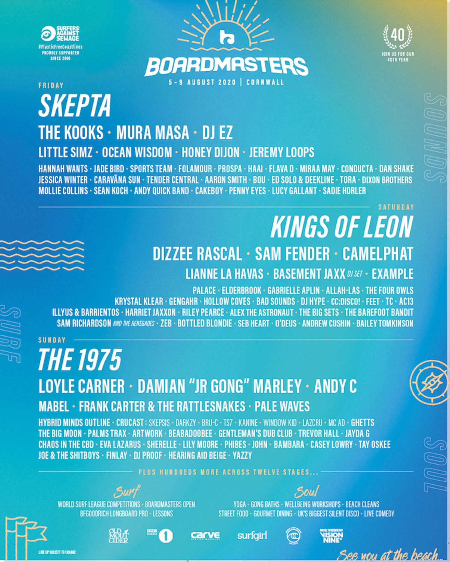The 1975, Skepta and Kings of Leon for Boardmasters 2020